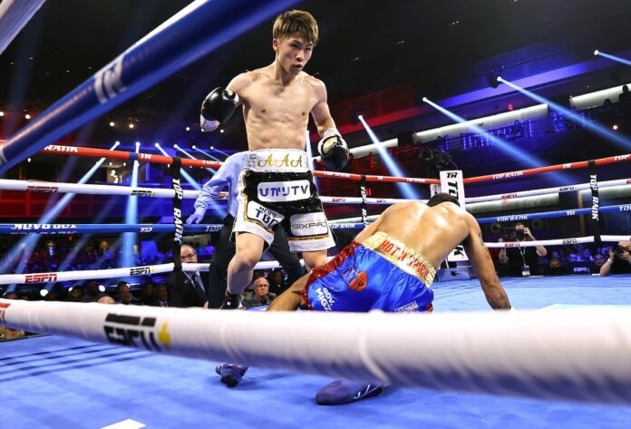 Naoya Inoue knocks down Michael Dasmarinas during their boxing fight