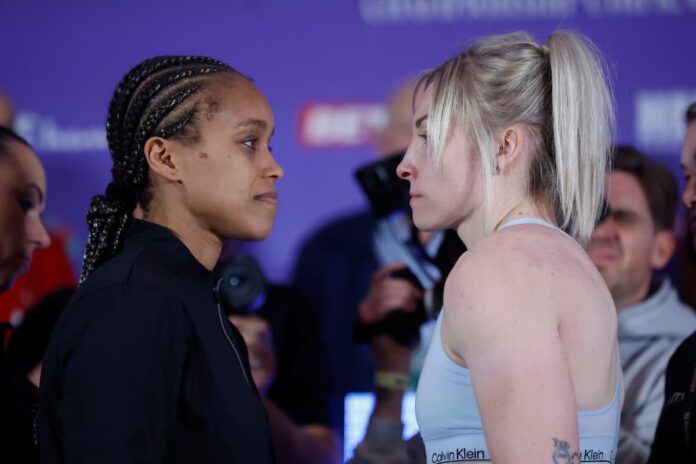 Natasha Jonas and Lauren Price face each other at the weigh-in ahead of their boxing bout