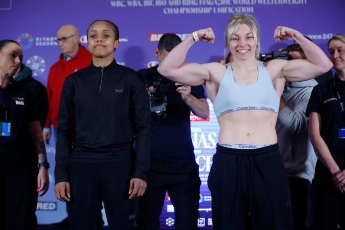 Natasha Jonas and Lauren Price at the weigh-in ahead of their boxing bout