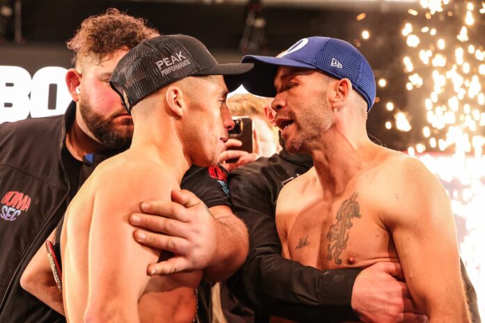 Nick Ball and TJ Doheny face each other at the weigh-in ahead of their boxing fight