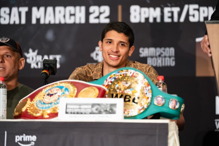 Sebastian Fundora at the press conference ahead of his boxing bout against Chordale Booker