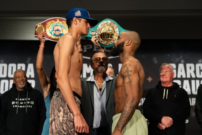 Sebastian Fundora and Chordale Booker face off at the weigh-in ahead of their boxing bout in Las Vegas