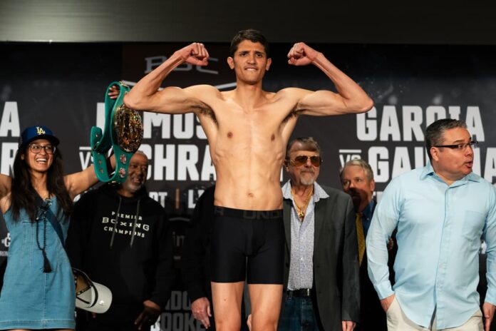 Sebastian Fundora at the weigh-in ahead of his boxing bout against Chordale Booker