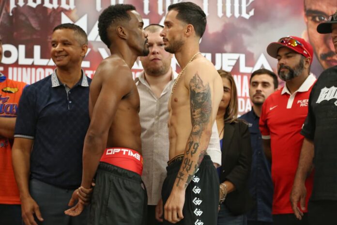 Subriel Matias and Gabriel Gollaz Valenzuela face each other at the weigh-in ahead of their boxing bout in Fajardo, Puerto Rico