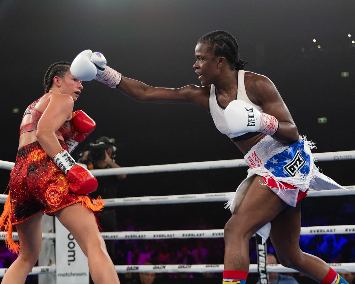 Tiara Brown throws a punch during her bout against Skye Nicolson